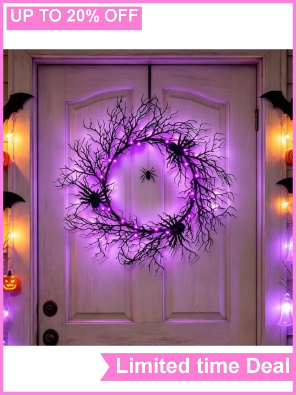 24" Lighted Halloween Wreath Coral Branches Spiders Timer Front Door Decor